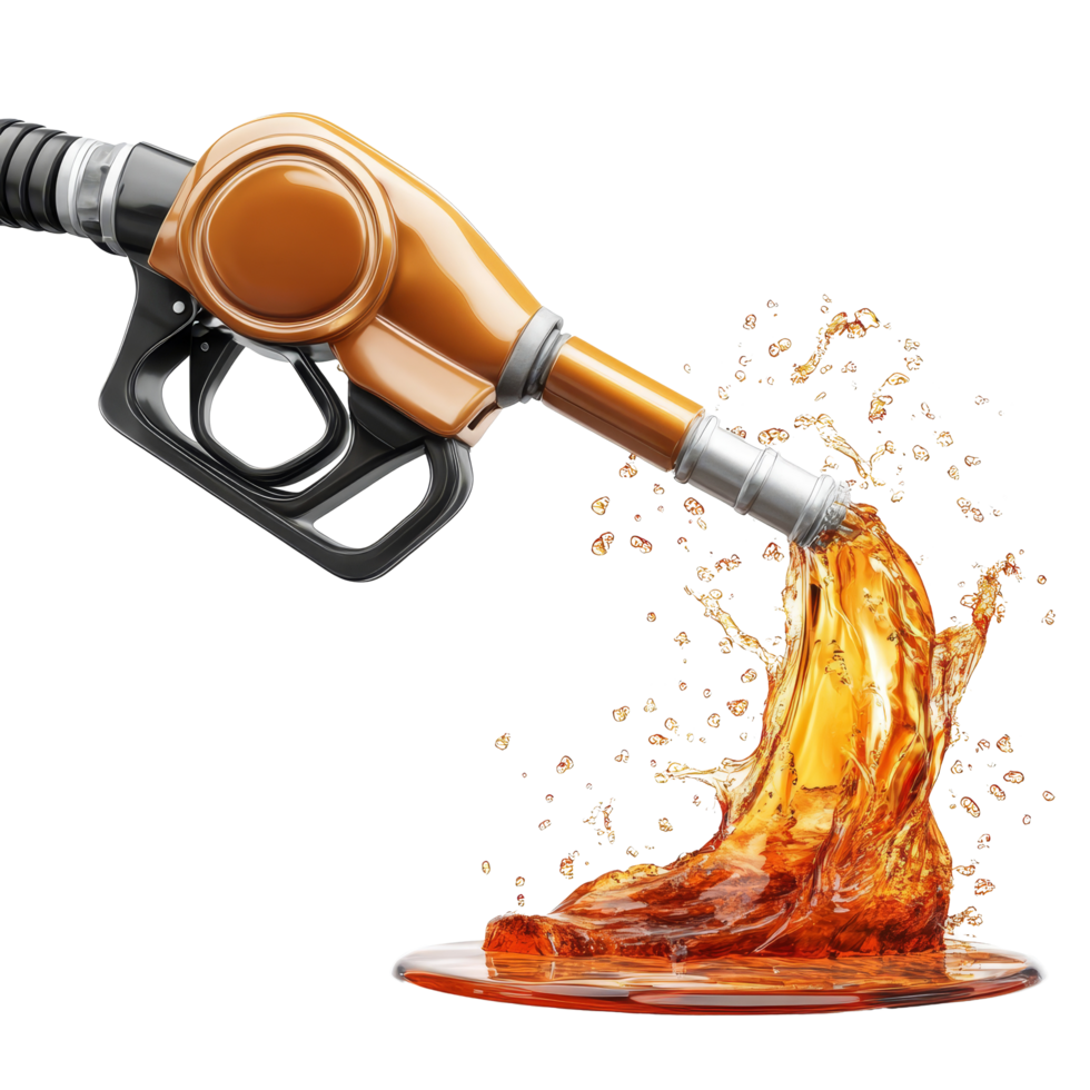 Gasoline flowing from a pump nozzle creating splashes on a transparent background, Gasoline gushing out from pump isolated on transparent background png