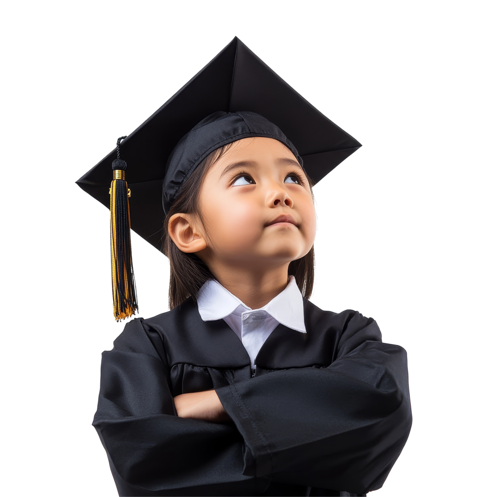 Joyful Asian school child celebrates graduation while wearing a cap and gown in a bright, cheerful setting, Happy Asian school kid graduate in graduation cap thinking isolated transparent background png