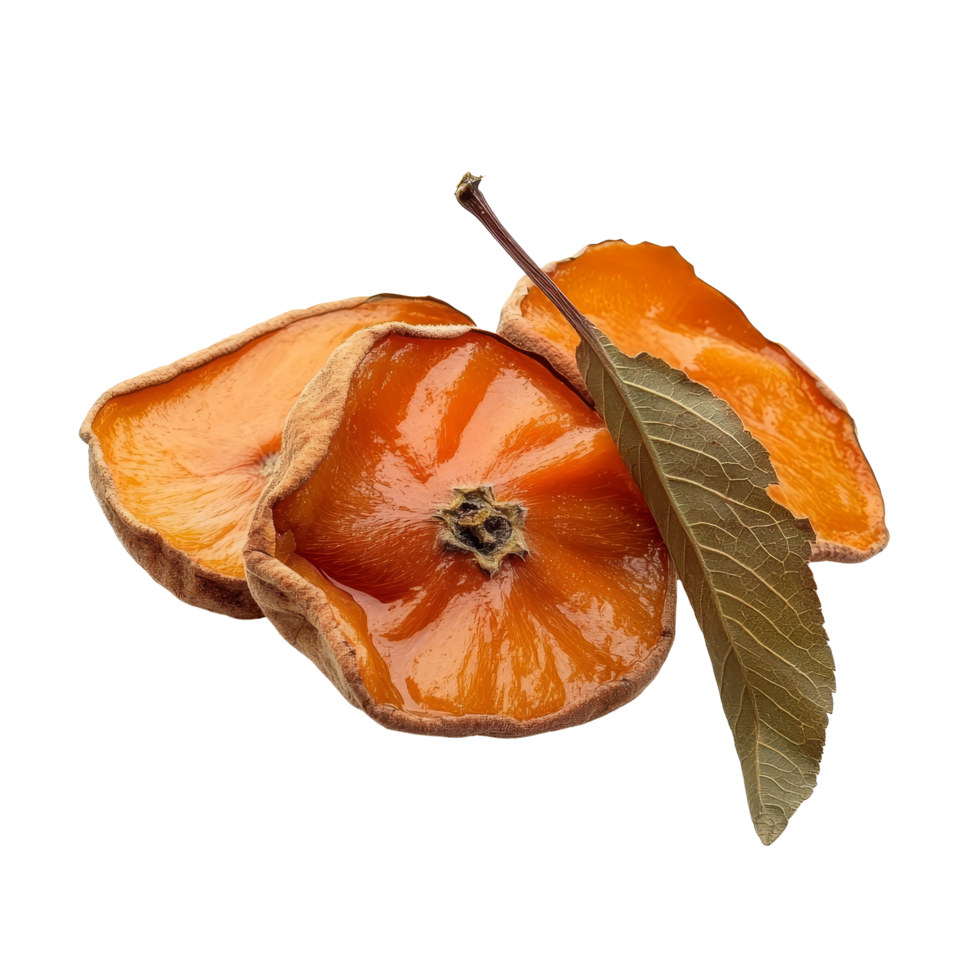 Dried persimmon with leaf on a transparent background highlighting natural textures and colors, dried persimmon with leaf isolated on transparent background png