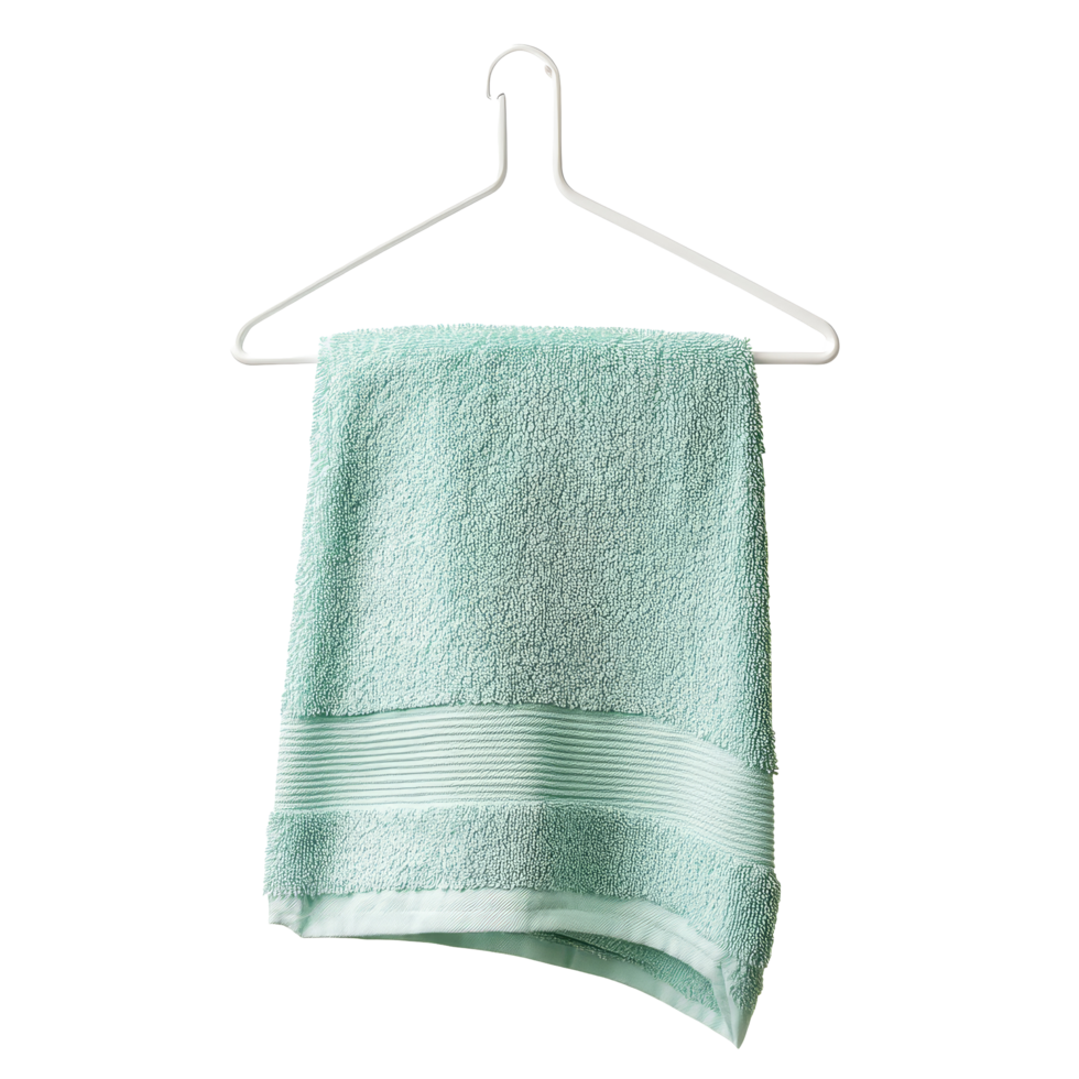 A soft mint green hand towel hanging on a sleek transparent hanger against a bright transparent background for a clean aesthetic, Hand towel on the hanger isolated on transparent background png