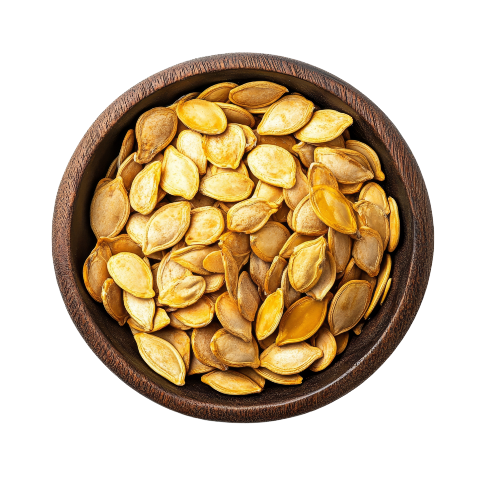 Pumpkin seeds arranged in a wooden bowl on a clean transparent background showcasing their natural color and texture, Pumpkin seeds in wood bowl on transparent background png