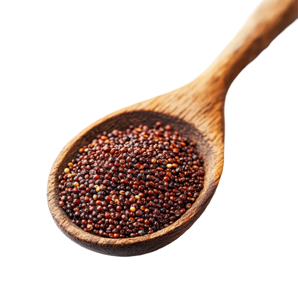 Red quinoa grains in a wooden spoon on a transparent background showcasing healthy food options, red quinoa in wood spoon isolated on transparent background png