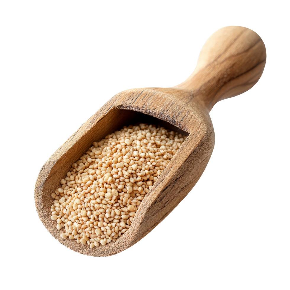 Wooden scoop filled with sesame seeds resting on a transparent background with spilled seeds nearby, sesame in wood scoop on transparent background png