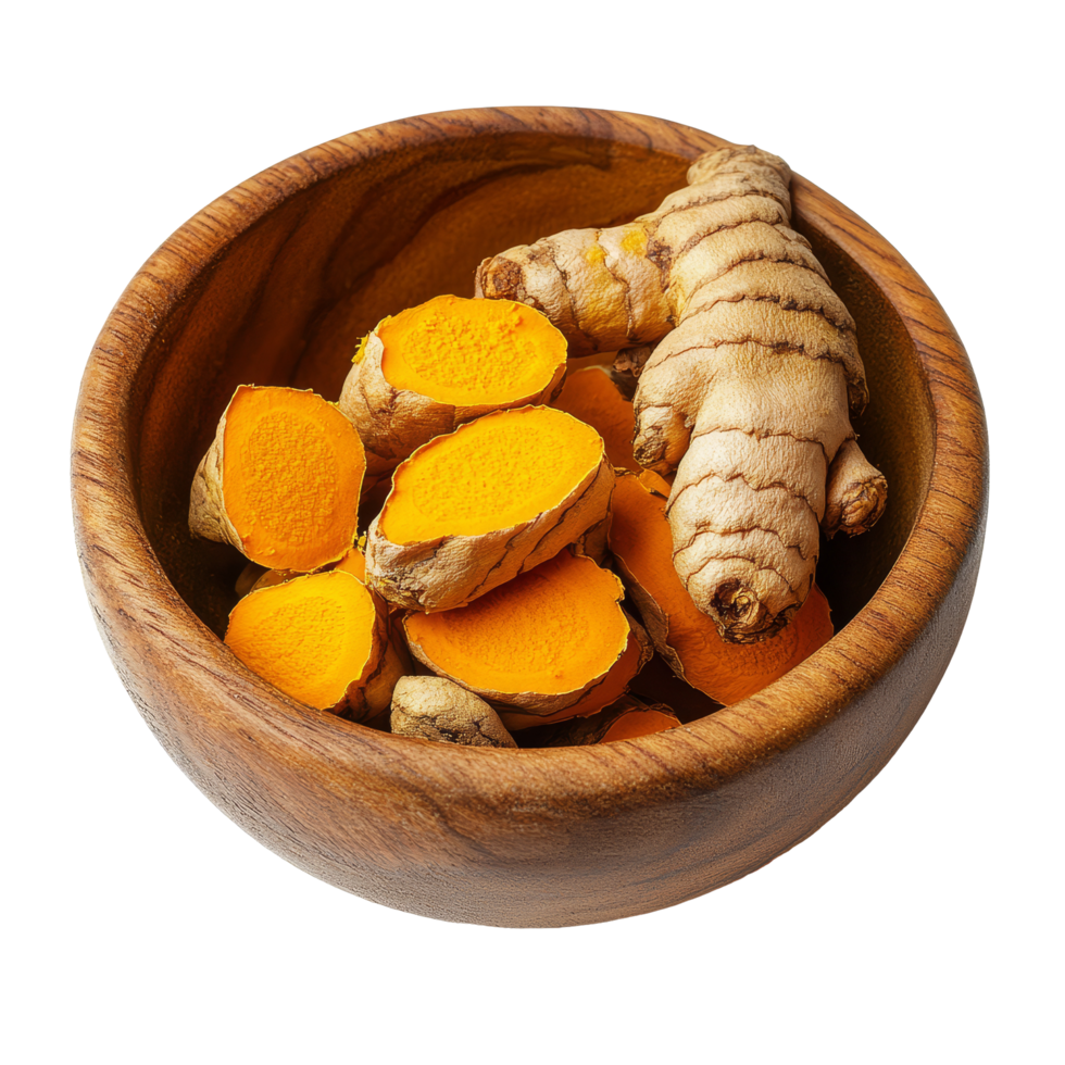 Turmeric root and dried turmeric pieces in a wooden bowl on a transparent background for culinary and health use, turmeric root and dry tumeric in wood bowl on transparent background png