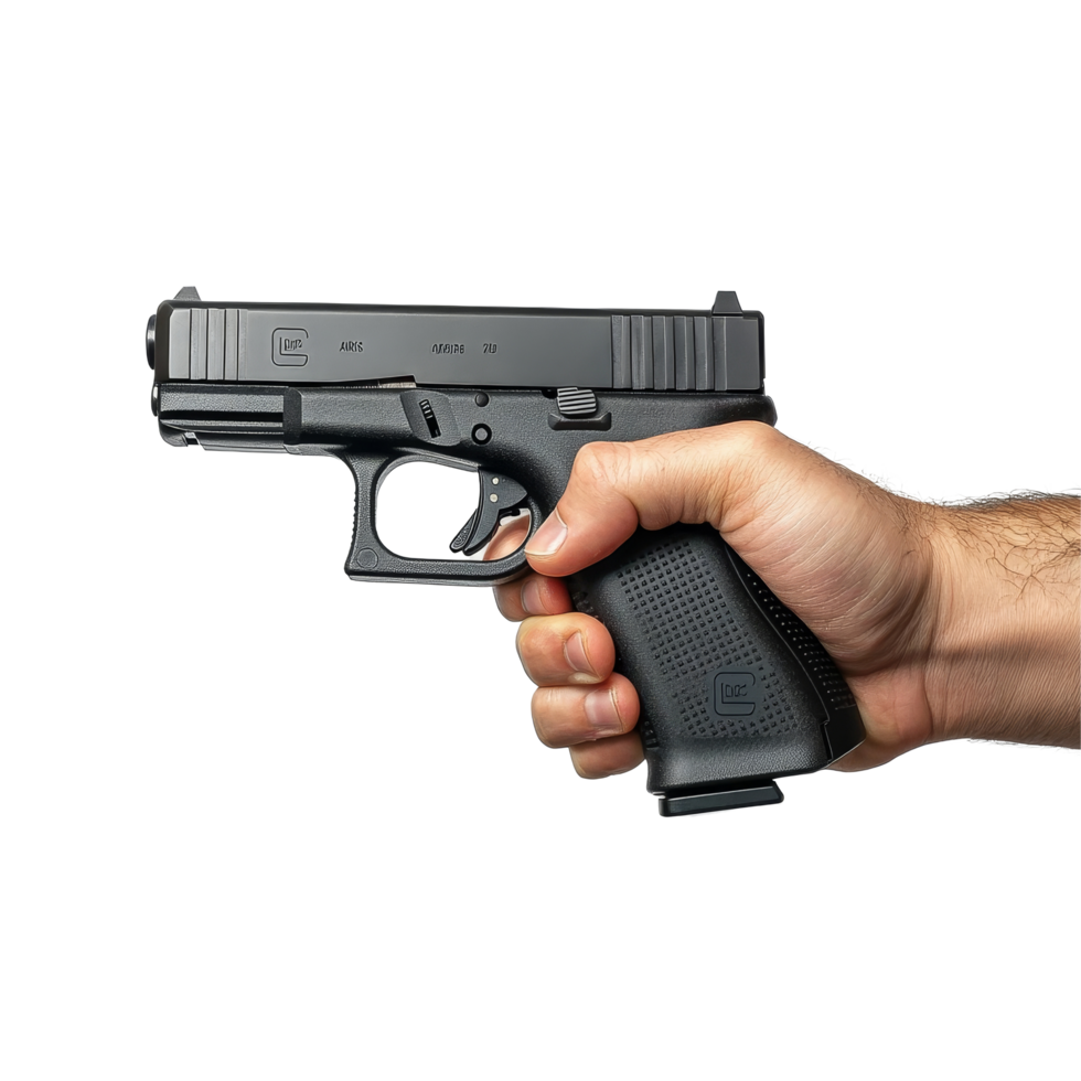A persons hand gripping a Glock pistol against a plain transparent background, Hand Holding Glock Pistol on transparent background png
