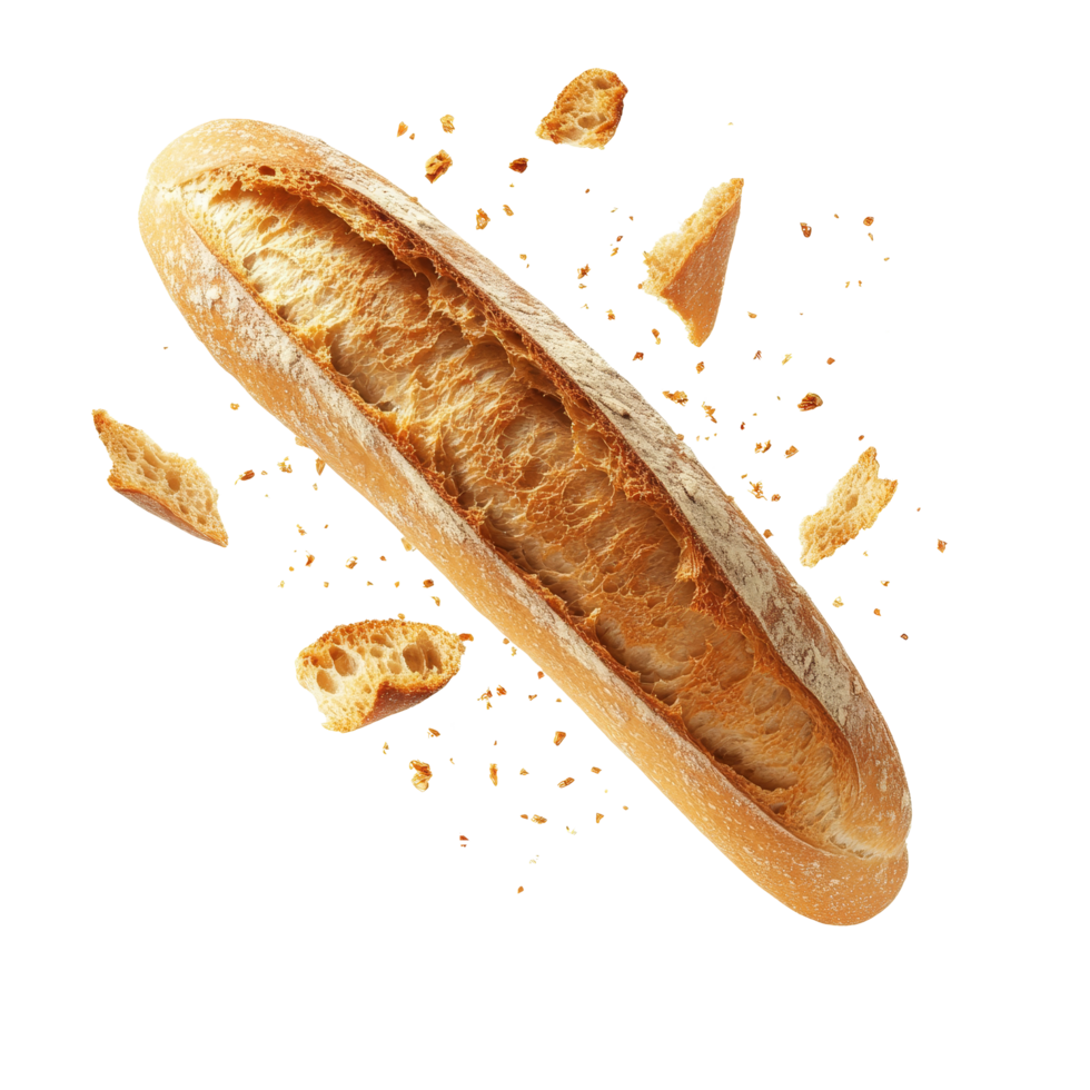 Fresh baguette floating with crumbs isolated on a transparent background for culinary presentations and food art, Fresh Baguette with Crumbs Floating isolated on transparent background png