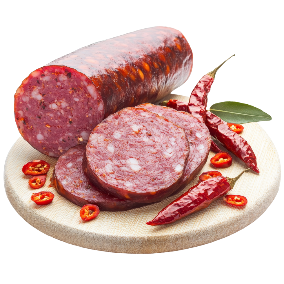 Savory bologna sausage ham with chili peppers displayed on a wooden board against a transparent background, bologna sausage ham with chilli isolated on transparent backgroundfile png