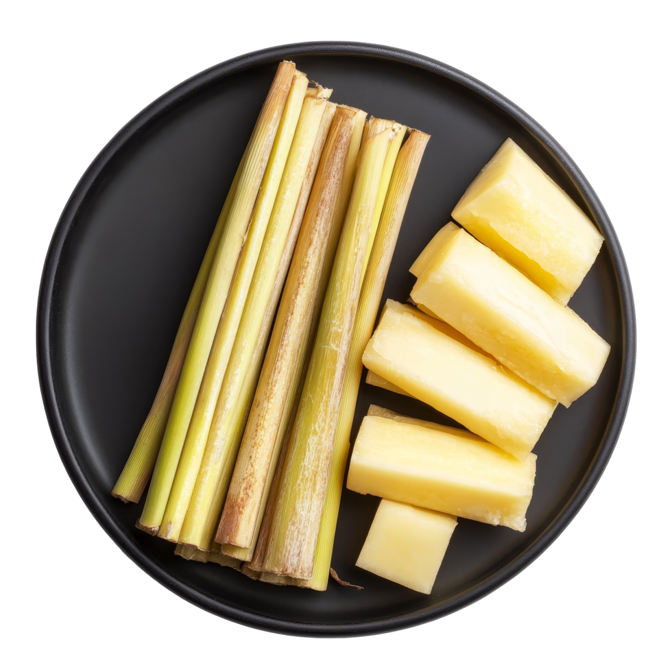Sugar cane and cut pieces on a black plate with a transparent background showcasing freshness and natural sweetness, sugar cane on black plate transparent background png