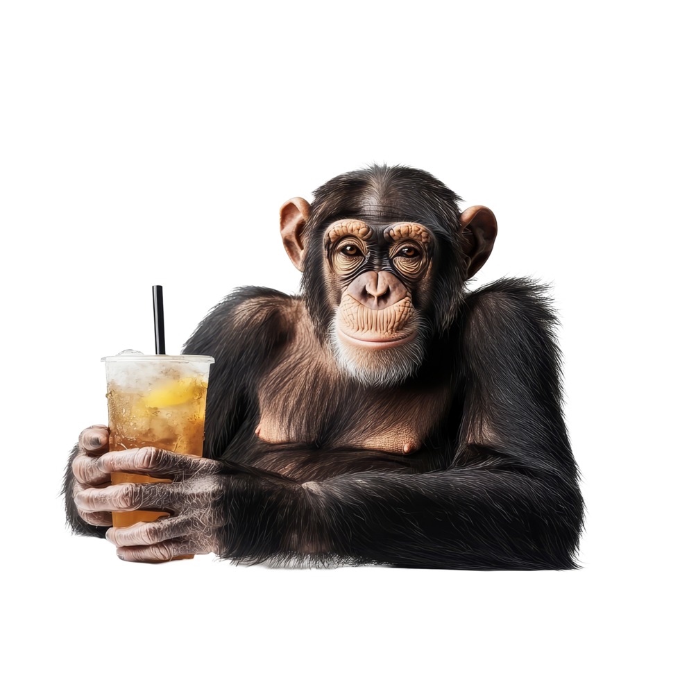 A relaxing chimpanzee enjoys a cold drink in a sunny setting on a warm summer day, Summer Vibe Relaxing Chimpanzee with a Cold Drink On transparent background png