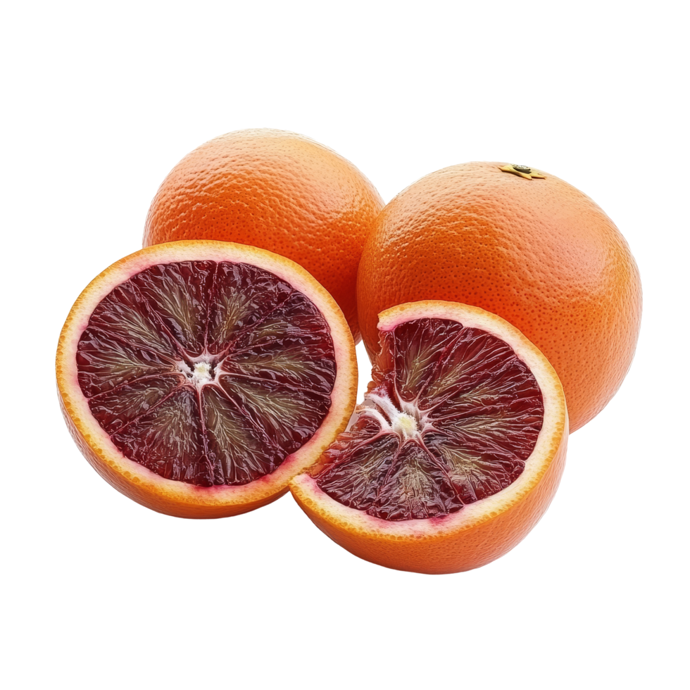Fresh blood oranges cut open on a clean transparent background showcasing juicy interior and vibrant skin, blood oranges on transparent background png