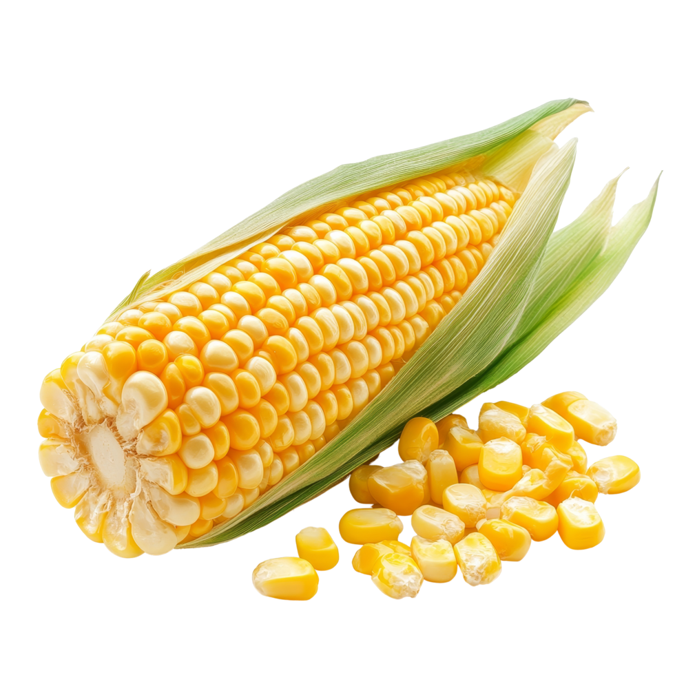 Closeup view of isolated corn seeds and an ear of corn on a transparent background showcasing their vibrant yellow color and texture, Corn seedsisolated on transparent background png