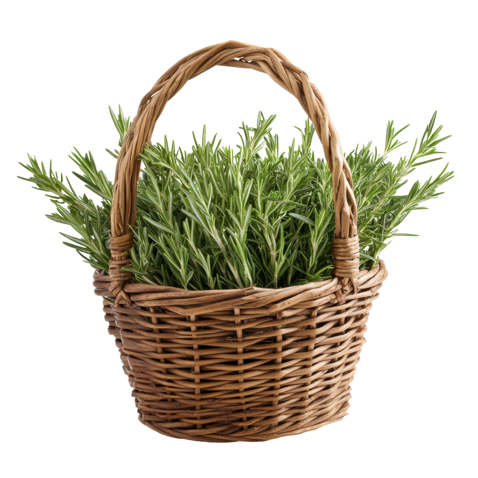 Fresh rosemary in a woven basket on a clean transparent background for culinary and decorative use, rosemary in basket on transparent background png