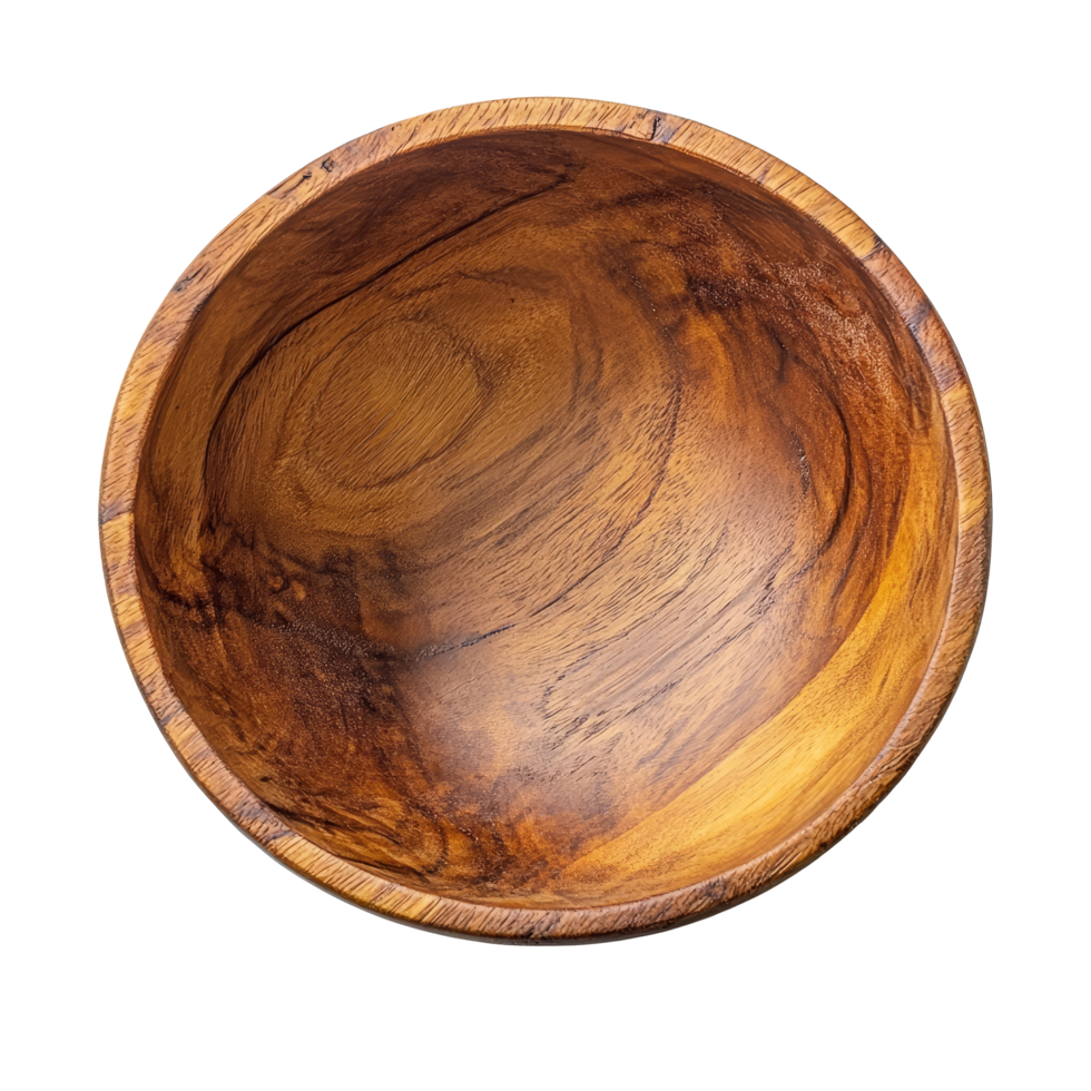 Top view of a beautifully crafted wooden bowl on a clean transparent background showcasing natural grain patterns, top view wood bowl on transparent background png