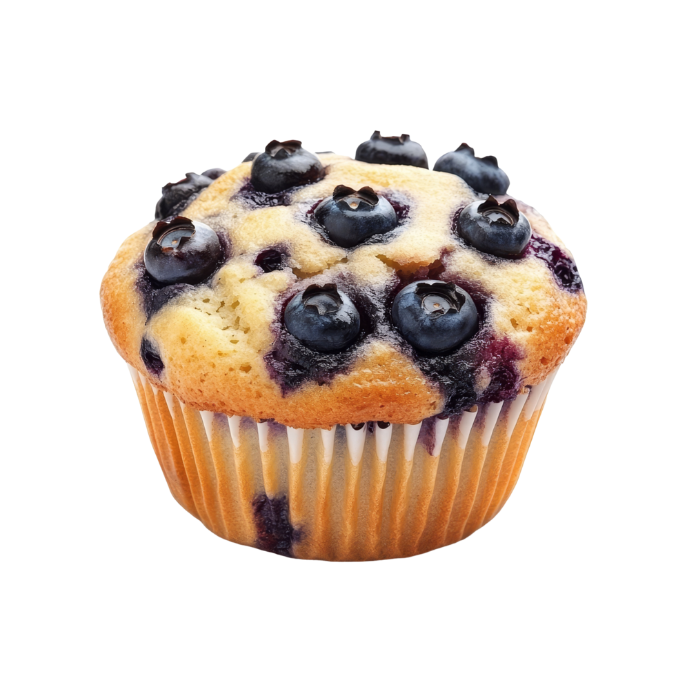 Delicious blueberry muffin with fresh berries on a transparent background showcasing a tempting dessert treat, delicious blueberry muffin on transparent background png