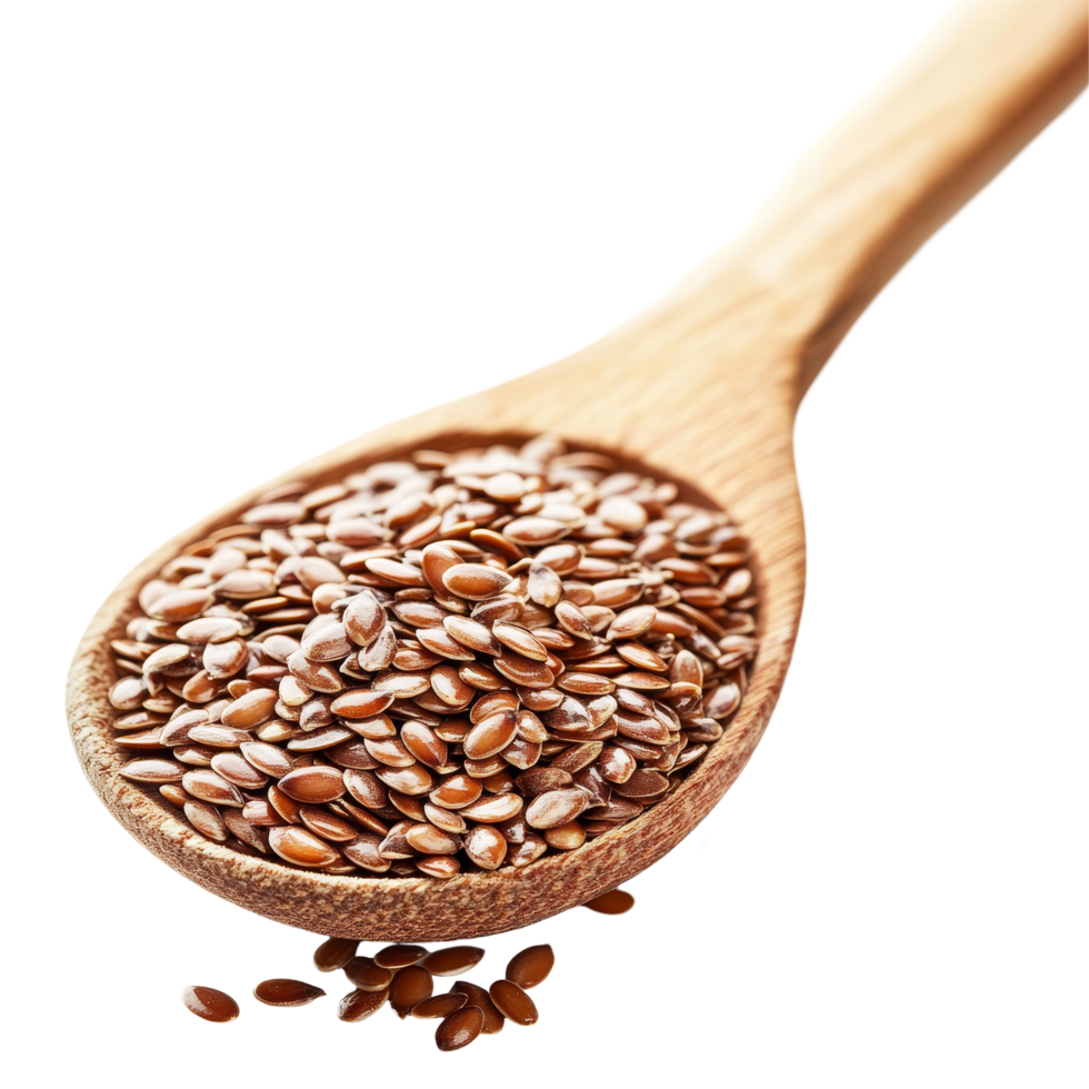 Flax seeds in a wooden spoon on a clean transparent background showcasing a healthy food option for various diets, Flax seed in wood spoon on transparent background png
