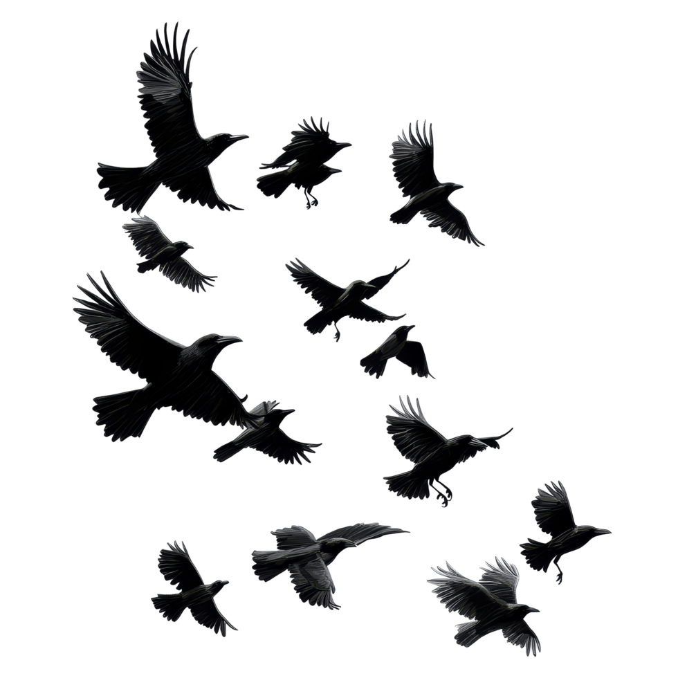 A flock of crows soaring against a transparent background during late afternoon hours in an open sky, flock of flying crowsfile of isolated object on transparent background png