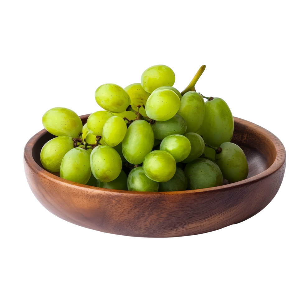 Fresh green grapes displayed in a wooden bowl on a transparent background for healthy snacking and culinary use, Green grape in wood plate isolated on transparent background png