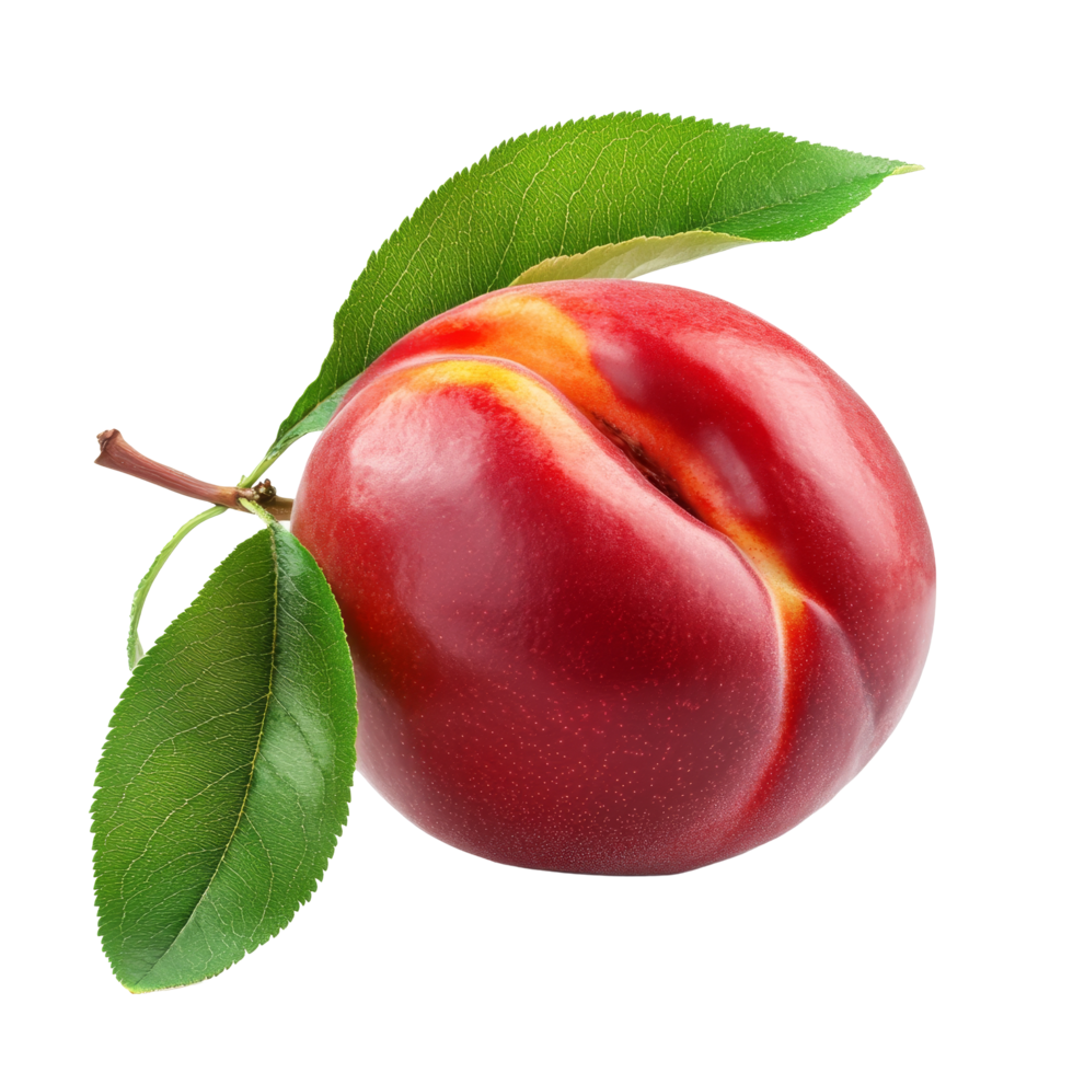 Fresh nectarine with green leaves isolated on a clean transparent background showcasing its vibrant color and texture, Nectarine fruit with leaves isolated on transparent background png