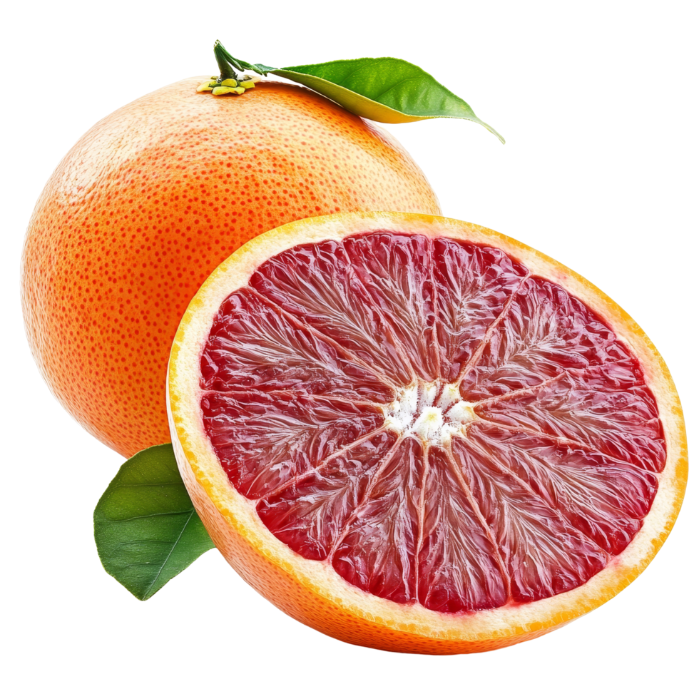 Fresh blood orange sliced in half with green leaves on a clean transparent background, Blood orange isolated on transparent background png
