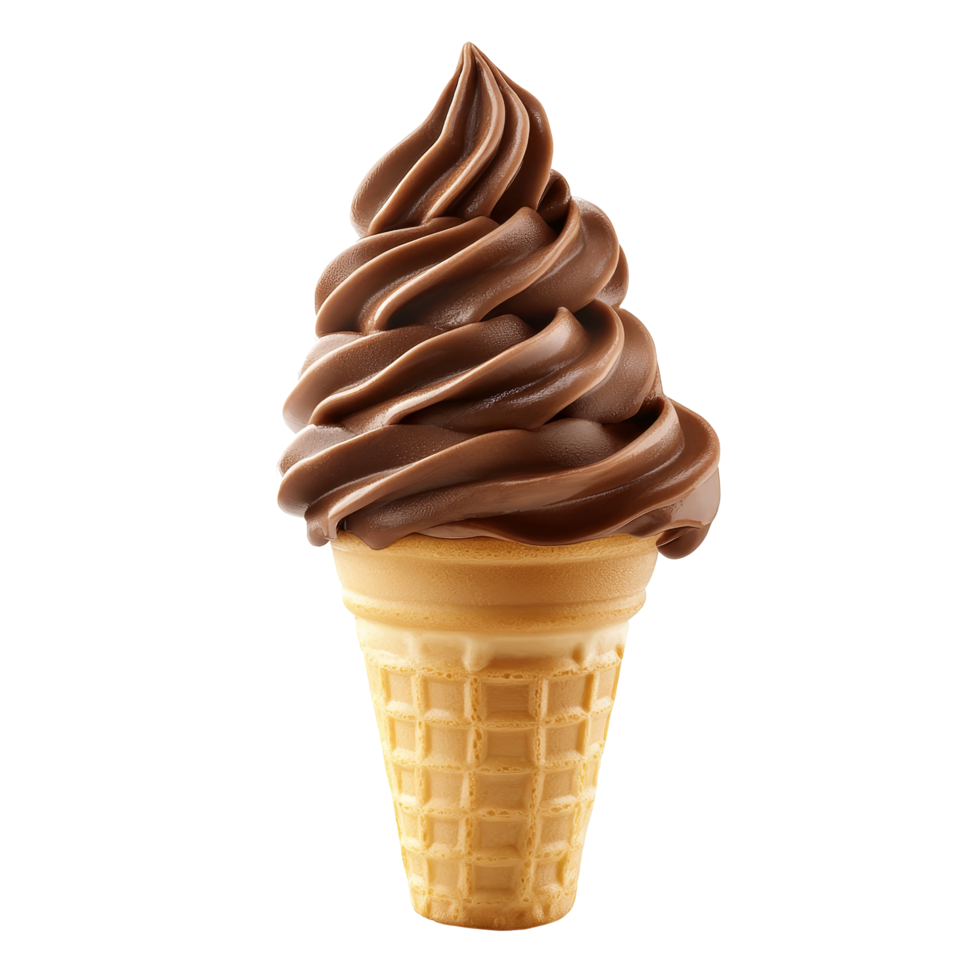 Delicious chocolate soft serve ice cream cone against a smooth transparent background, Chocolate Soft Serve Ice Cream in Cone Isolated on transparent background png