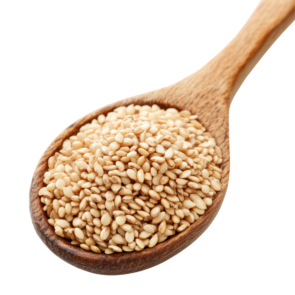 Sesame seeds piled in a wooden spoon against a clean transparent background for culinary use and healthy recipes, Sesame in wood spoon isolated on transparent background png