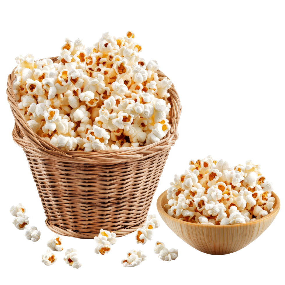 A delightful assortment of fresh popcorn in a woven basket and a wooden bowl isolated on a clean transparent background, popcorn in basket and bowl isolated on transparent background png