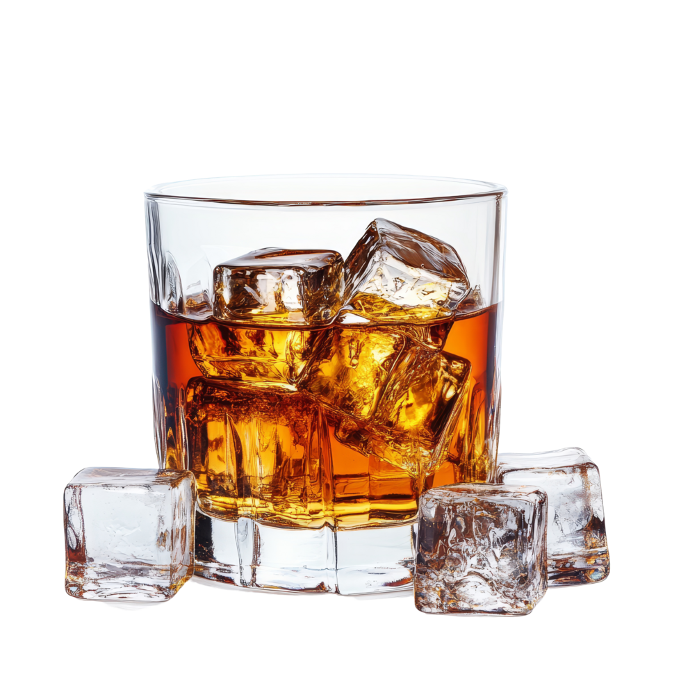 Enjoy a classic whiskey on the rocks with ice cubes in a glass against a clean transparent background, whiskey with ice cubes on transparent background png