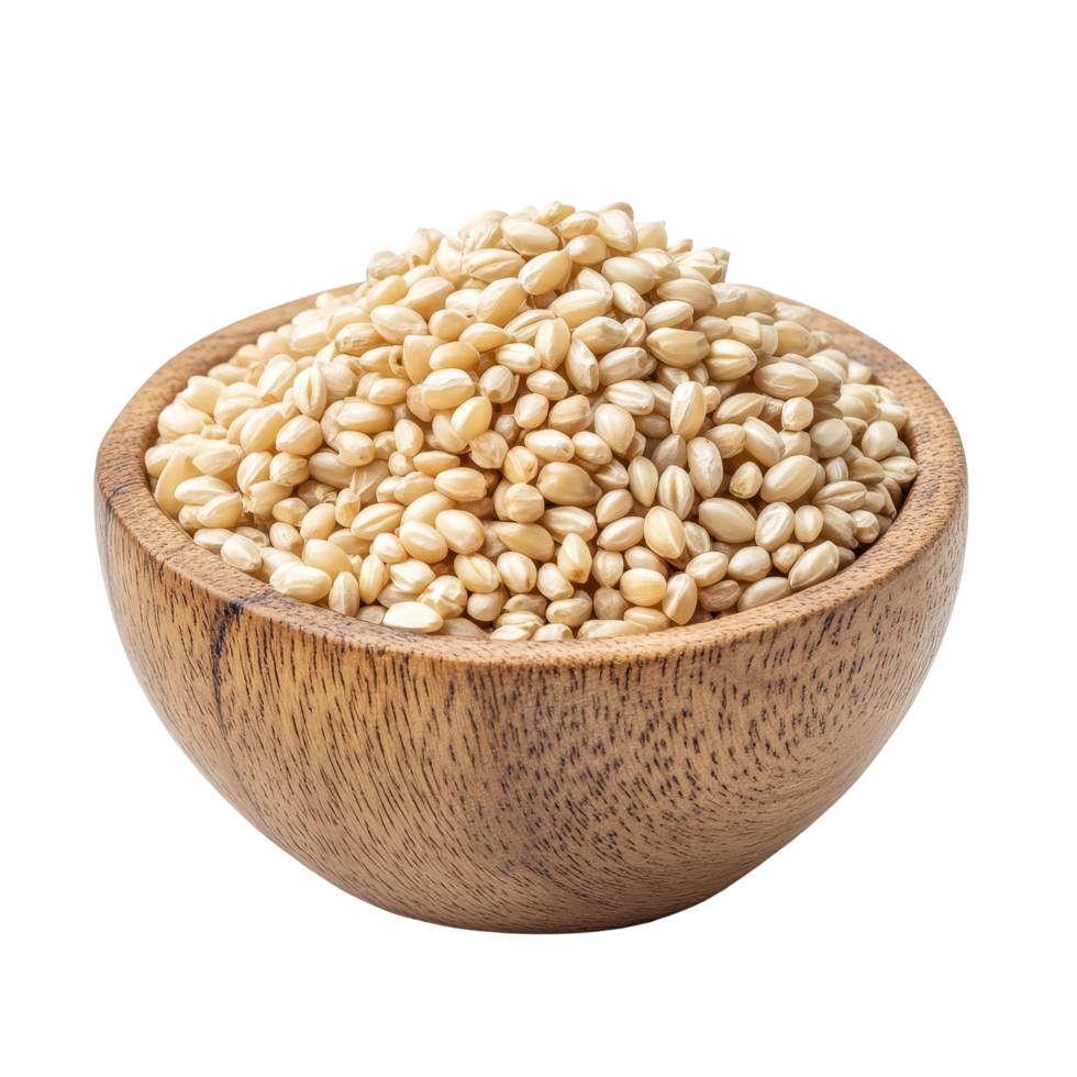 Natural wooden bowl filled with pearl barley, a nutritious grain, placed on a bright transparent background, Pile of pearl barley in wood bowl isolated on transparent background png