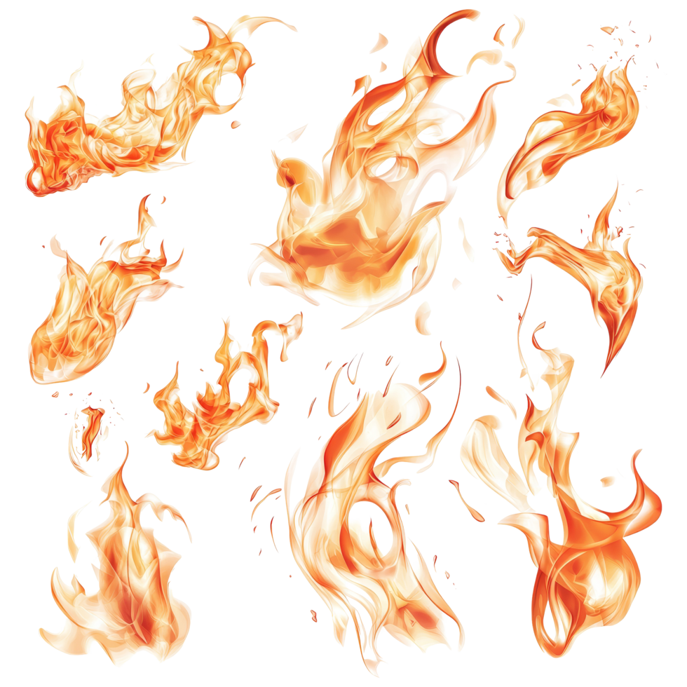 Dynamic collection of vivid and elegant fire flames in a bright, abstract design for creative uses, Elegant Fire Flames Vivid and Dynamic Isolated Elements on a transparent background png