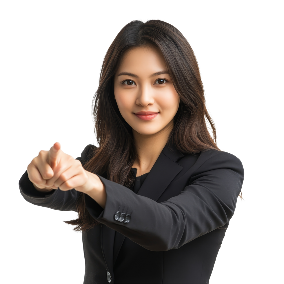 Confident Asian businesswoman explaining a concept while presenting in a professional office environment during daylight hours, Confident Asian Businesswoman Pointing Something on transparent png