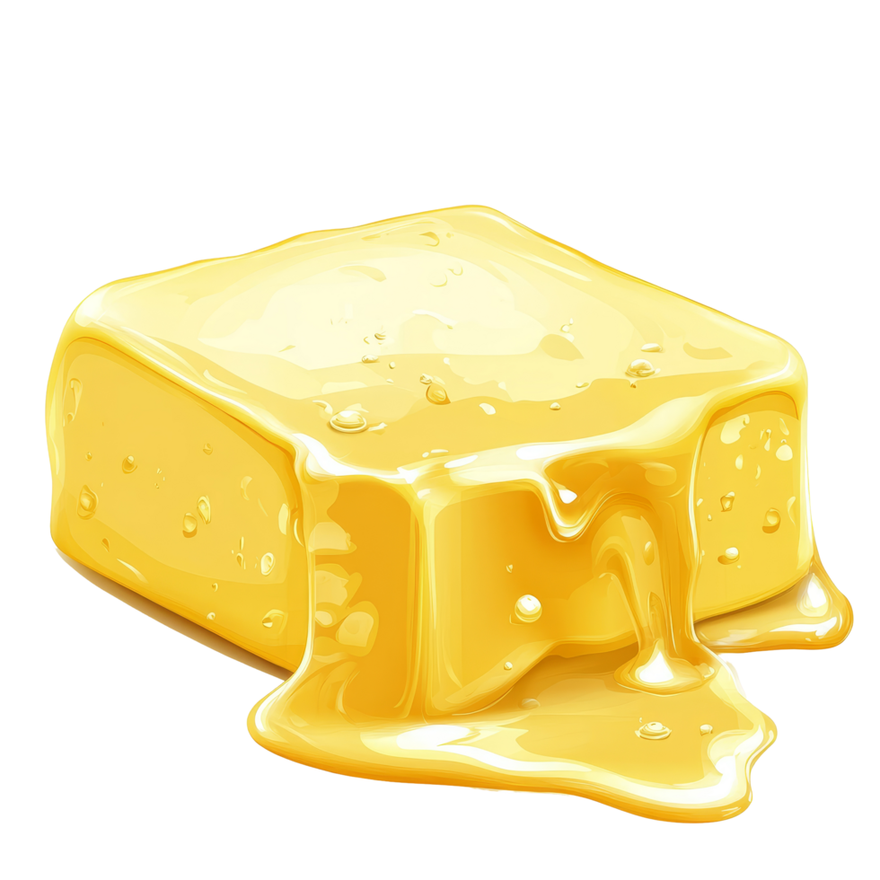 Melting butter on a transparent background creating a rich, glossy sheen and appealing texture, A piece of melting butter isolated on transparent background Stock Illustration png