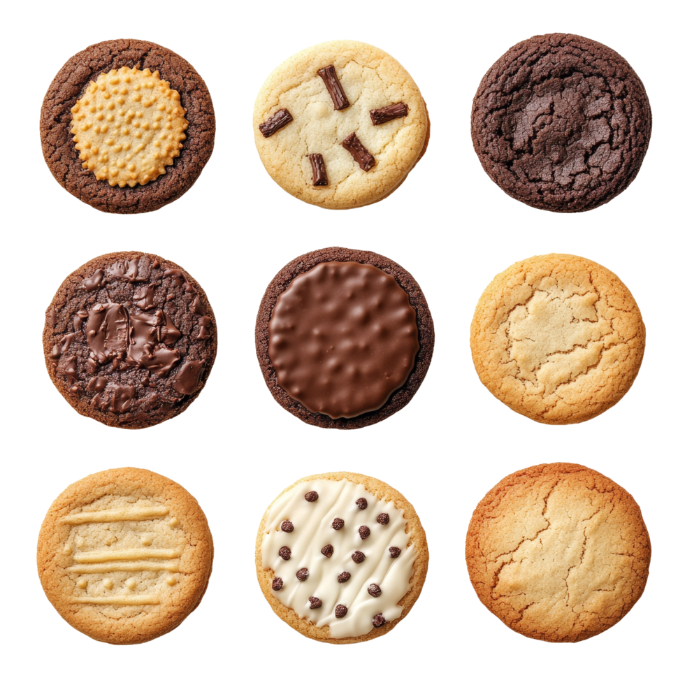 Assorted cookies arranged neatly on a transparent background showcasing various textures and flavors, single cookie top view isolated on transparent background png