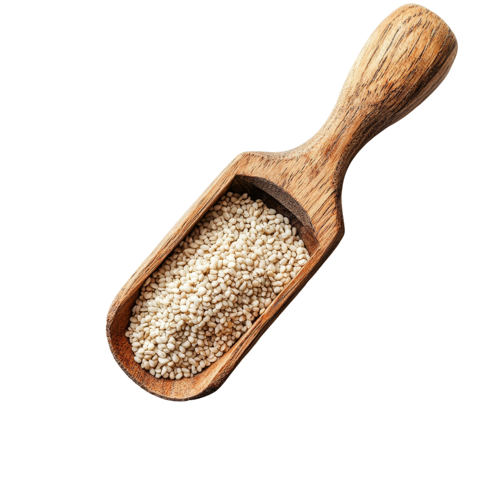 Wooden scoop filled with sesame seeds on a transparent background in a kitchen setting, sesame in wood scoop on transparent background png