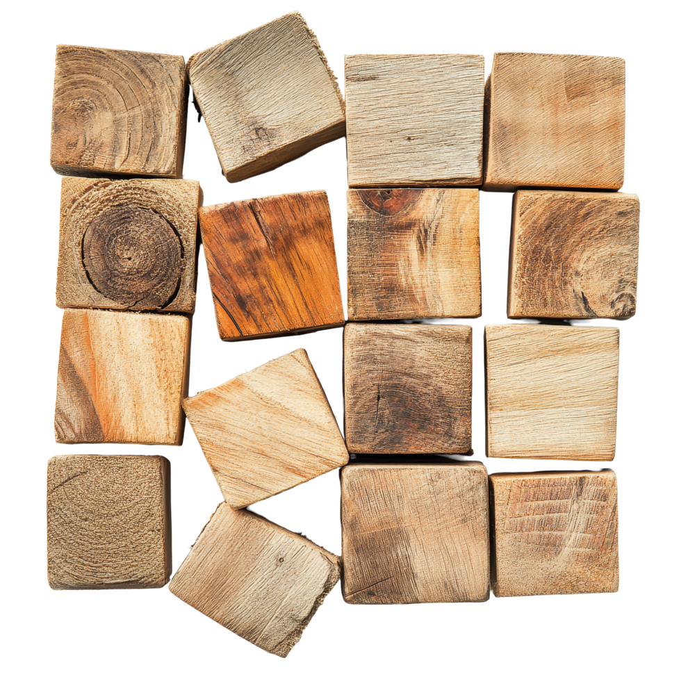 Stack of square wooden blocks arranged on a rustic wood background with natural textures and patterns, wood background Square lumber wooden pile floor on transparent backgroundfile png