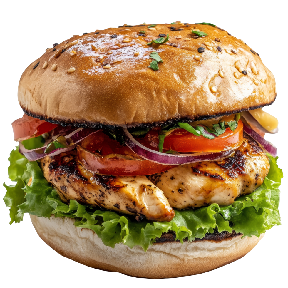 A delicious chicken breast burger topped with fresh vegetables on a toasted sesame seed bun, burger with chicken breast png