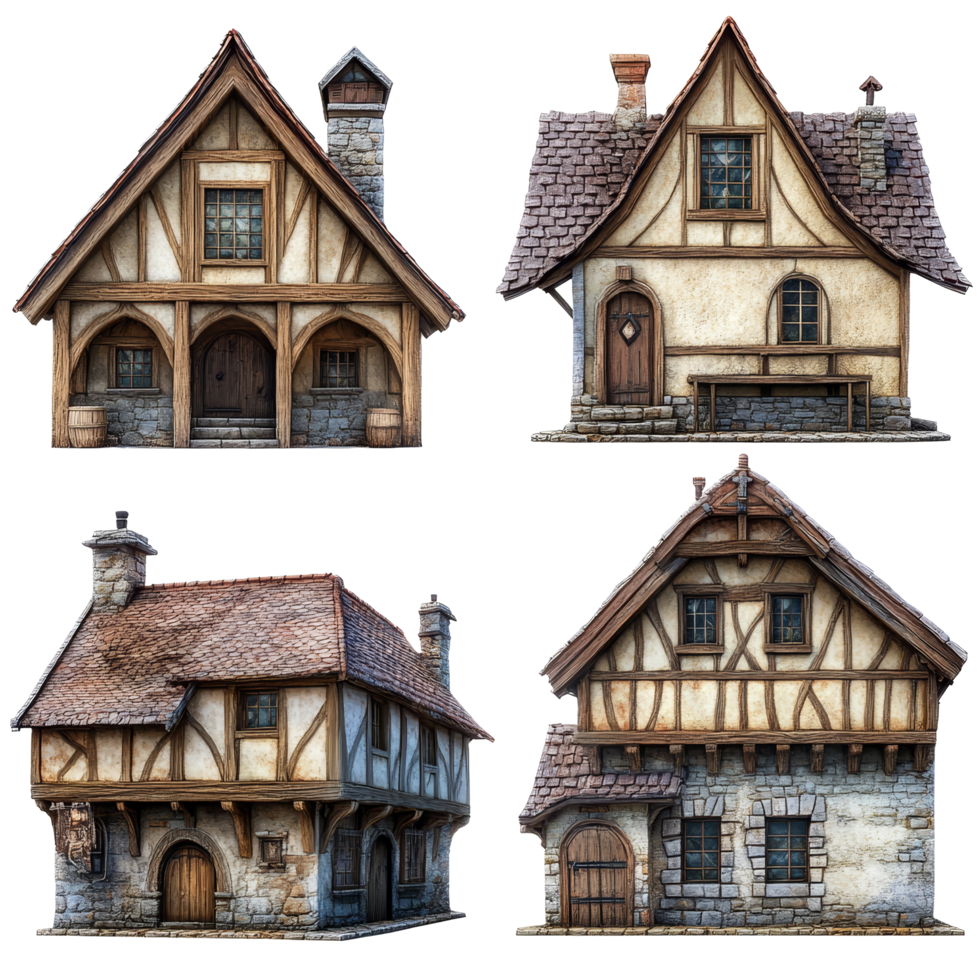 Medieval tavern houses showcasing unique architectural styles on a transparent background, Medieval Tavern Houses Isolated on transparent background png