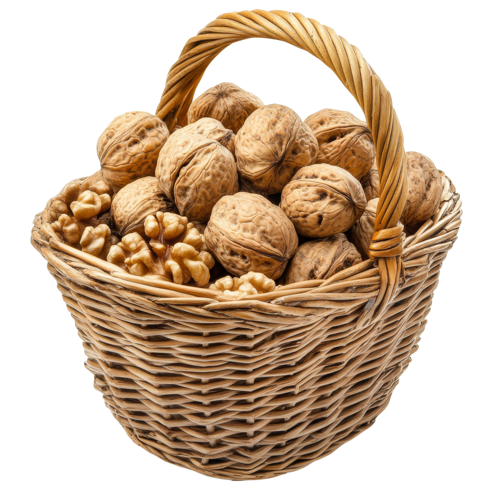 Fresh walnuts in a woven basket showcasing their natural texture against a clean transparent background, walnuts in basket isolated on transparent background png