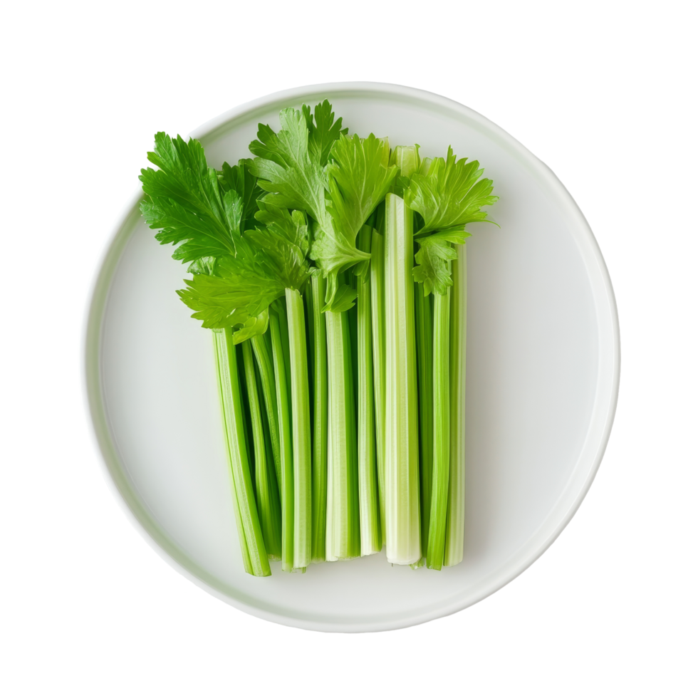 Fresh green celery arranged neatly on a transparent plate against a clean transparent background, celery in transparent plate on transparent background png