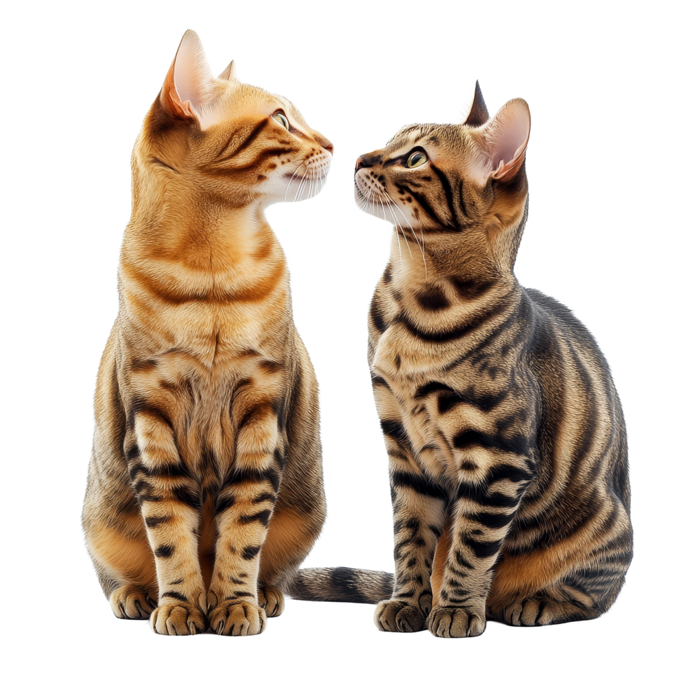 Two Bengal cats engaging in a playful stare on a bright transparent background, two bengal cats isolated on transparent background png