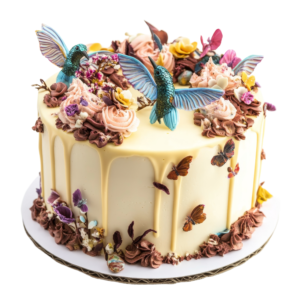 Beautiful hummingbird cake decorated with vibrant flowers and butterflies on a transparent background, hummingbird cake isolated on transparent background png
