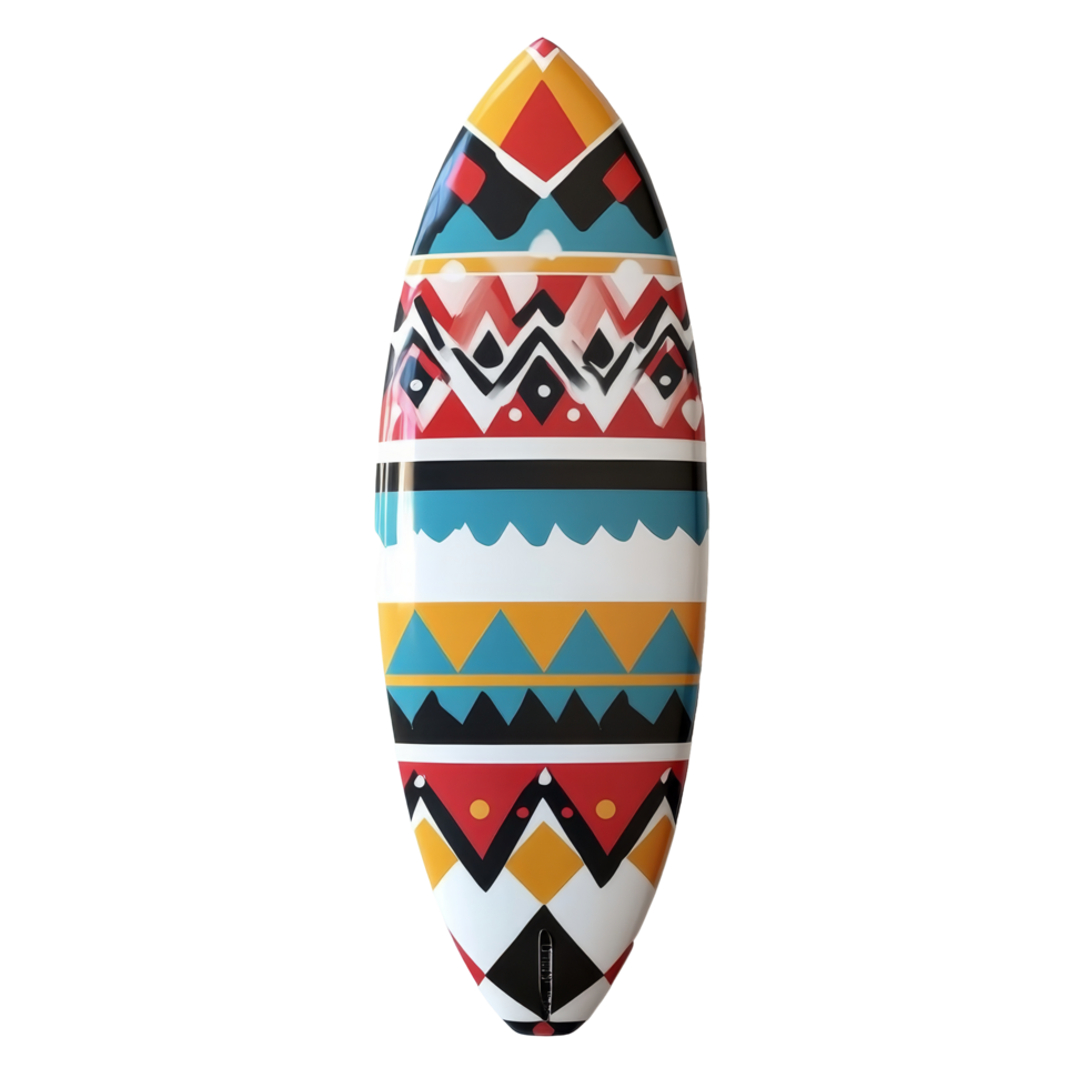 A vibrant retro patterned surfboard set against a clean transparent background perfect for showcasing design and style, surf board with retro pattern transparent background png