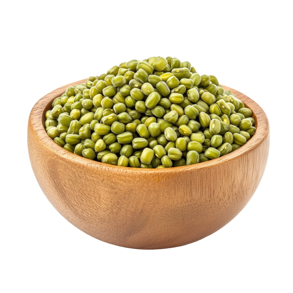 Peeled split mung beans in a wooden bowl on a transparent background, perfect for healthy cooking and meal preparations, Peeled split mung beans in wood bowl isolated on transparent background png