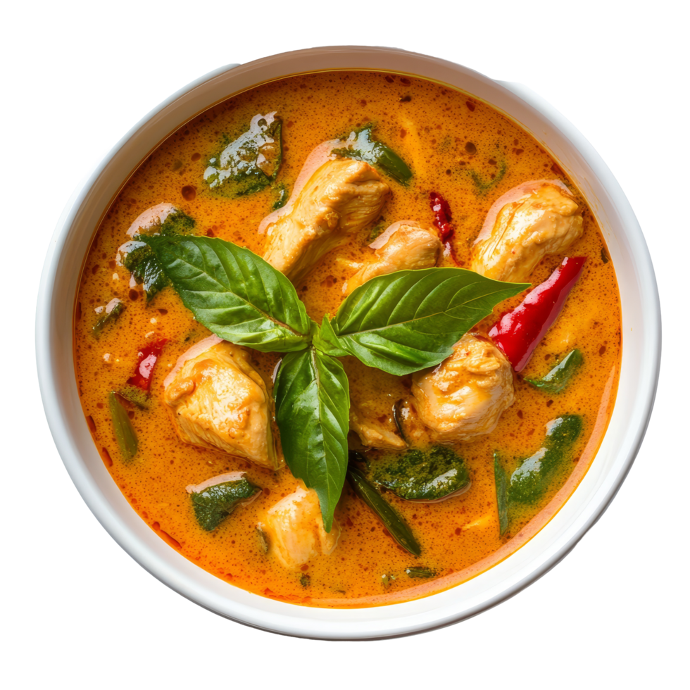 Spicy Thai chicken curry with coconut milk garnished with fresh basil on a transparent background, thaifood spicy chicken curry in coconut milk on transparent background png