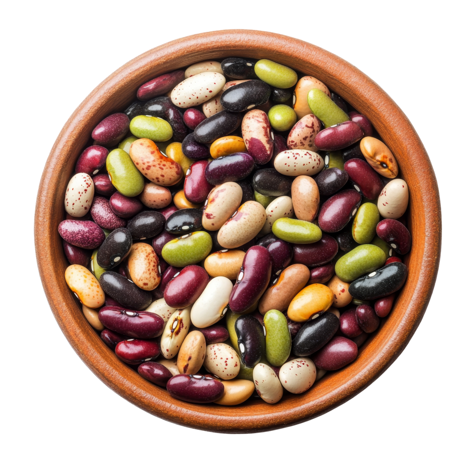 A colorful assortment of beans in a wooden bowl isolated on a transparent background, beans in a bowl isolated on transparent background png