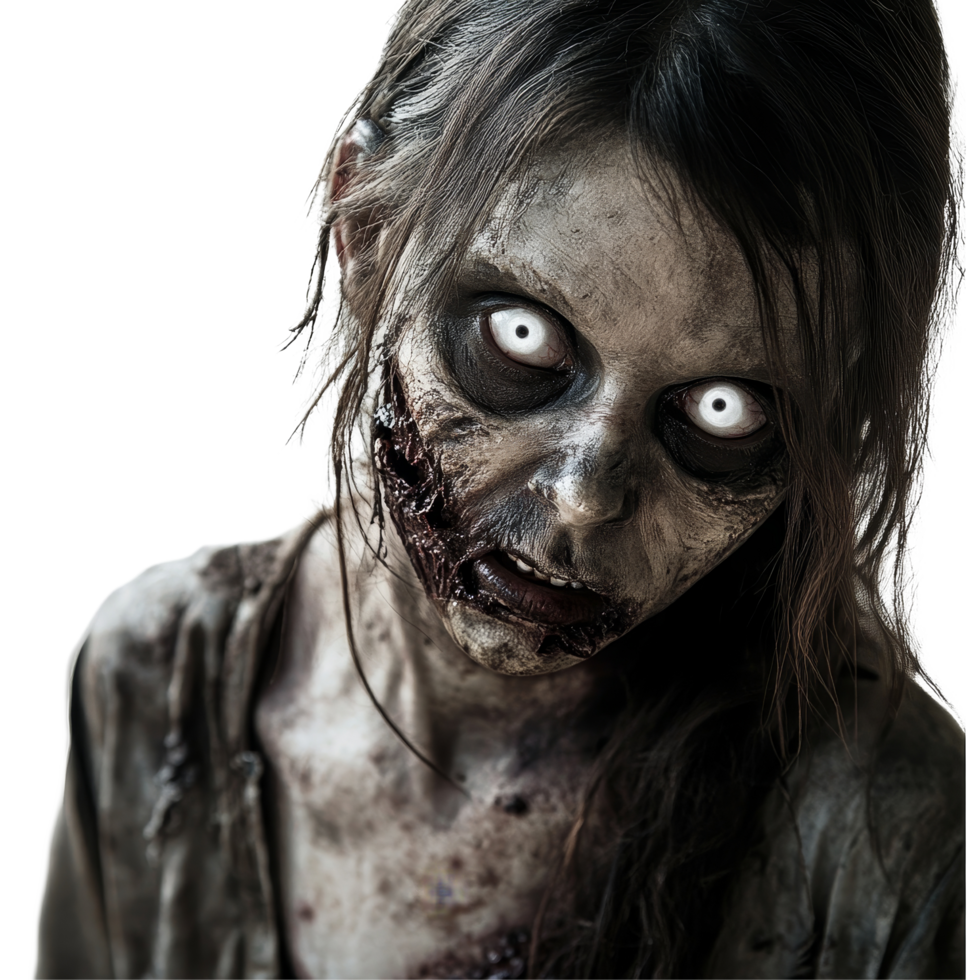 A haunting depiction of a female zombie with transparent eyes against a stark transparent background, Female Zombie with transparent Eyes on transparent background png