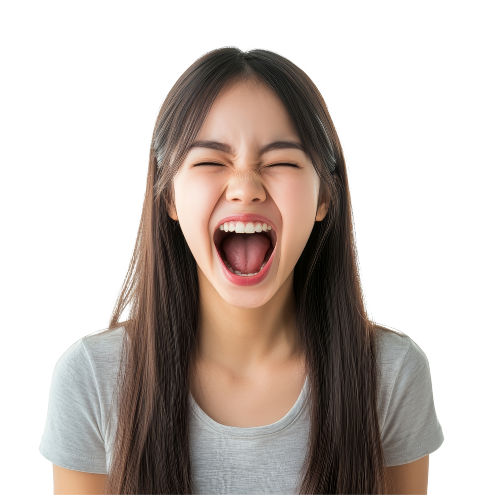 A joyful Asian girl shouting with a big smile against a bright background during a sunny afternoon, Happy beautiful Asian girl shouting and smiling isolated on transparent background png
