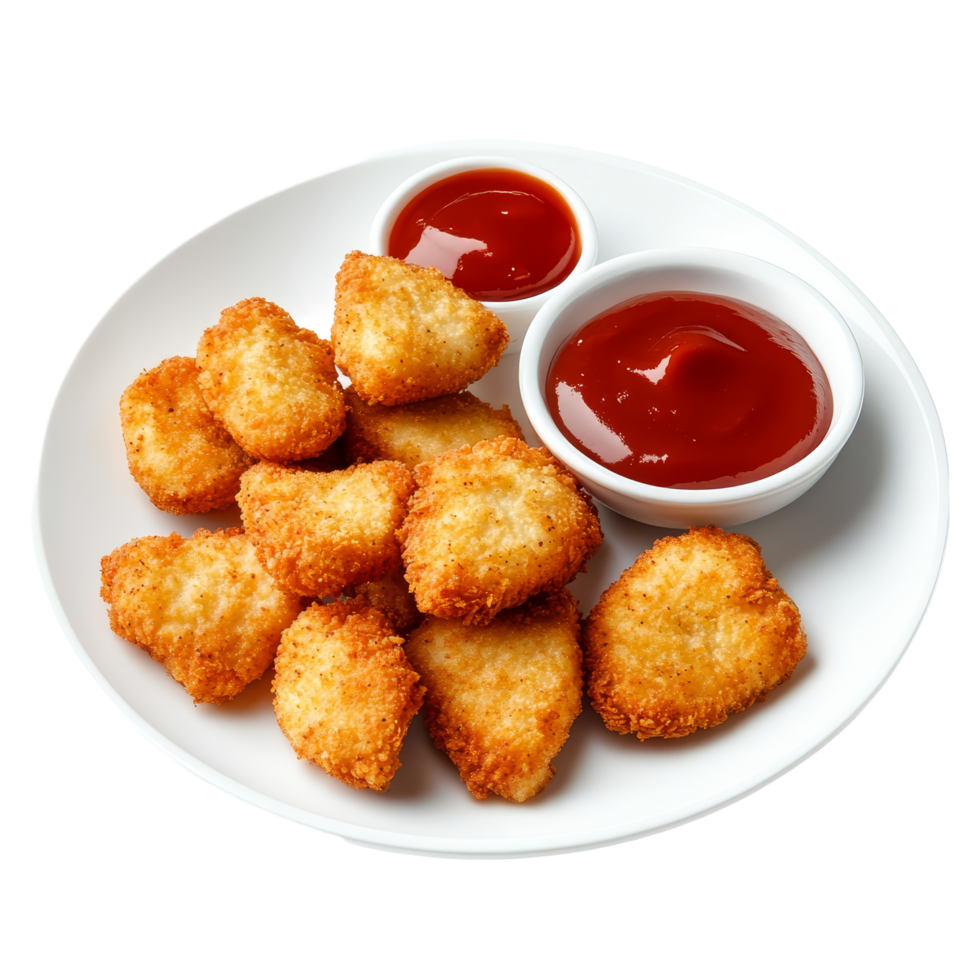 Delicious crispy chicken nuggets served with rich dipping sauce on a transparent plate for a satisfying meal, Tasty chicken nuggets with sauce on a plate on a transparent background png