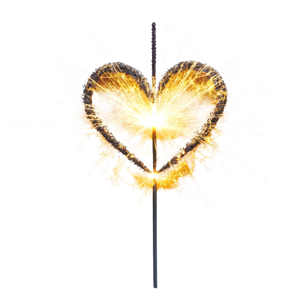 A heartshaped sparkler illuminating a transparent background during a festive celebration, Heartshaped Sparkler on transparent background, file png