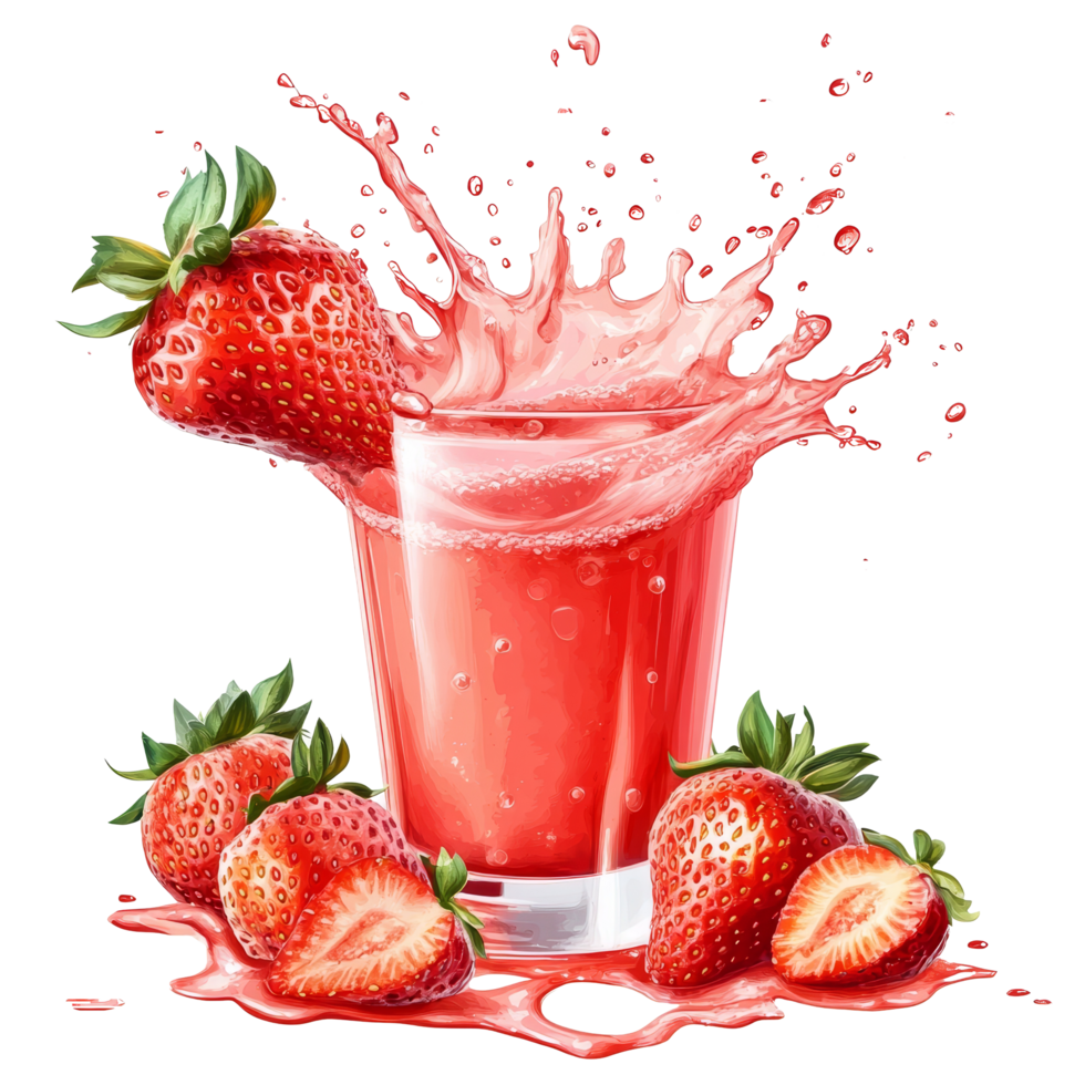 A refreshing splash of strawberry juice with fresh strawberries in a glass during a vibrant summer day, Strawberry juice splashing with its fruits Stock Illustration png