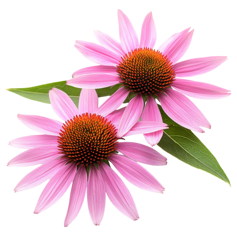 Two vibrant echinacea flowers with green leaves arranged on a clean transparent background, Medicinal two echinacea flowers on a transparent background png